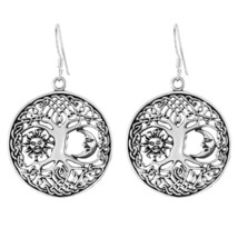 Celestial Celtic Roots Tree of Life Sun and Moon Sterling Silver Dangle Earrings - £29.11 GBP