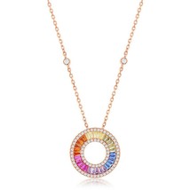 Rose Gold Plated Sterling Silver Rainbow Baguette CZ Open Circle Necklace - £75.13 GBP