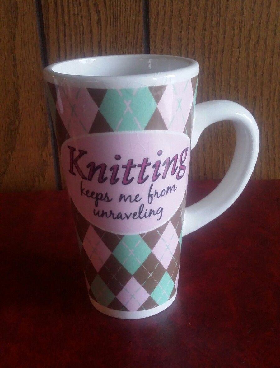 Vtg Funny Knitting Coffee Mug 16 Oz gift knitter sewing argyle print Vigor Corp - $15.98