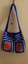 Blue Granny Stripe - hand crocheted tote, 14 inches wide, 11 inches deep - £11.85 GBP