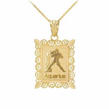 14k Solid Gold Aquarius Zodiac Sign Filigree Rectangular Pendant Necklace - £183.92 GBP+