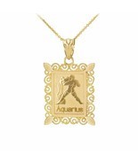 14k Solid Gold Aquarius Zodiac Sign Filigree Rectangular Pendant Necklace - $228.68 - $381.22