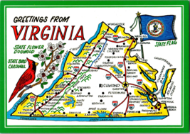 Vtg Postcard Greetings from Virginia Tourist Map State Flag, Dogwood, Cardinal - £5.16 GBP