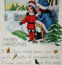 Christmas Postcard Whitney Children Sled Unique Photo Text Santa Claus Black Cat - £15.67 GBP