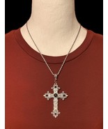 Silver Gothic Cross Necklace Floral Design Big Punk Goth Silver Tone Bla... - $16.98