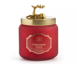 NEW Cinnamon Spice Scented Frosted Glass Candle w/ metal reindeer lid 15 oz. red - £7.95 GBP