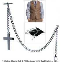 Albert Chain STEEL Pocket Watch Chain Men Fob Chain Steel Cross Fob T-Ba... - £18.43 GBP