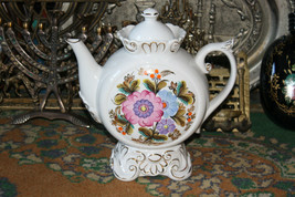 Vintage Porcelain Tea Coffee Pot Flowers and Gold Kiev Factory 90&#39;s Hand Painted - £36.99 GBP