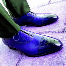 Oxford Blue Color Burnished Brogue Cap Toe Genuine Leather Laceup Handma... - $149.99+