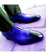 Oxford Blue Color Burnished Brogue Cap Toe Genuine Leather Laceup Handma... - $149.99+