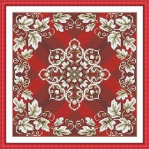 Antique Square Tapestry Floral Pillow Motif 2 in Red Cross Stitch Patter... - $6.50