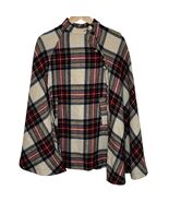 Plaid Wool-Blend Button-Neck Cape Poncho — Cream Red Tartan, Asymmetric ... - $29.99