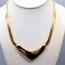 Chic Vintage Crescent Necklace, Gold Tone Herringbone Chain Choker with Black En - £30.26 GBP