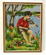 BOY PLAYING FIDDLE Needlepoint Embroidery Nature Music Framed WALL ART 1... - £50.95 GBP