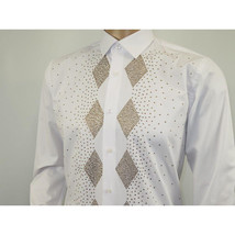 Men CEREMONIA Turkey Shirt 100% Cotton Fancy Rhine Stones #Rio 13 White Slim Fit image 10