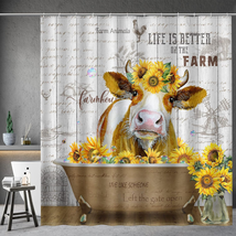 Cow Sunflower Shower Curtain Funny Cute Farm Animal Rustic Wooden Country Farmho - £29.40 GBP