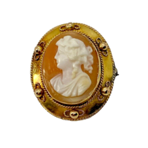 Antique Etruscan Revival 14K &amp; Carved Cameo Brooch Pin Yellow Gold - $382.09