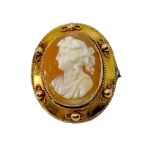 Antique Etruscan Revival 14K &amp; Carved Cameo Brooch Pin Yellow Gold - £305.04 GBP