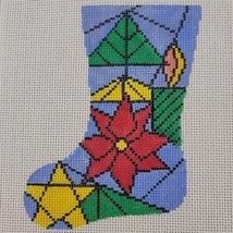 Handpainted Needlepoint Canvas Mini XMAS Stocking Ornament Poinsettia Mann HP - £21.60 GBP