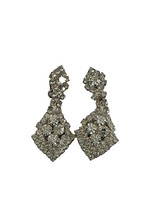 Vintage Silver Tone Rhinestones Dangle Drop Clip On Earrings Bridal Sparkle - £21.96 GBP