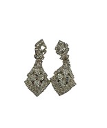 Vintage Silver Tone Rhinestones Dangle Drop Clip On Earrings Bridal Sparkle - £21.79 GBP