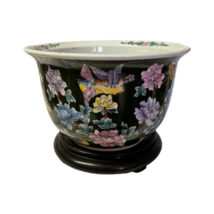 Vintage Oriental Flowers &amp; Birds Cloisonné  Ceramic Planter With Wood Stand 9&quot; - £200.80 GBP