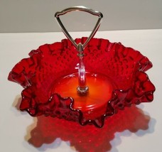 FENTON RED HOBNAIL CANDY NUT DISH WITH CENTER HANDLE 7 3/4 &quot; - £26.24 GBP