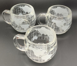 VTG 3 Nestle Nescafé World Globe Mugs Etched &amp; Frosted Glass Coffee Cups - £18.64 GBP