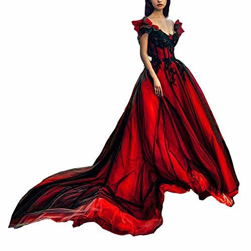 Off The Shoulder Long Gothic Black V Neck Tulle Evening Gown Prom Dress Red 16