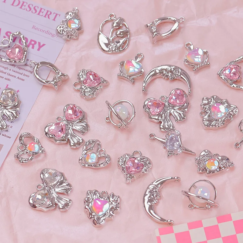 5pcs Pink Zircon Alloy Love Nail Art Charm Star Moon Bow Metal Silver Nails - £7.90 GBP+