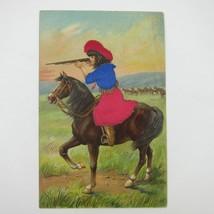 Postcard Western Cowgirl Woman on Horse Red Hat Skirt Rifle Aim Embossed Antique - £7.85 GBP