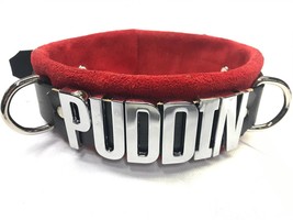 Large (1 1/4&quot;) Letters! Leather lockable collar - PUDDIN or any word! Metallic l - £50.98 GBP
