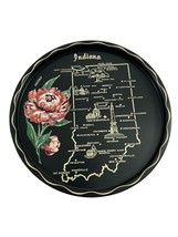 Vintage Indiana Souvenir Tray Pink Peony Black Metal Collectible Round 10.75&quot; - £15.00 GBP