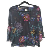 Cabi Blouse Small Womens Blue Floral Sheer Flounce Sleeve V Neck Pullover Top - £18.22 GBP