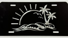 Beach Palm Tree Car Tag Diamond Etched Black Metal Vanity Front License Plate - $22.95