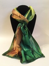 Hand Painted Silk Scarf Chartreuse Forest Green Brown Rectangle Unique New Gift - £44.04 GBP