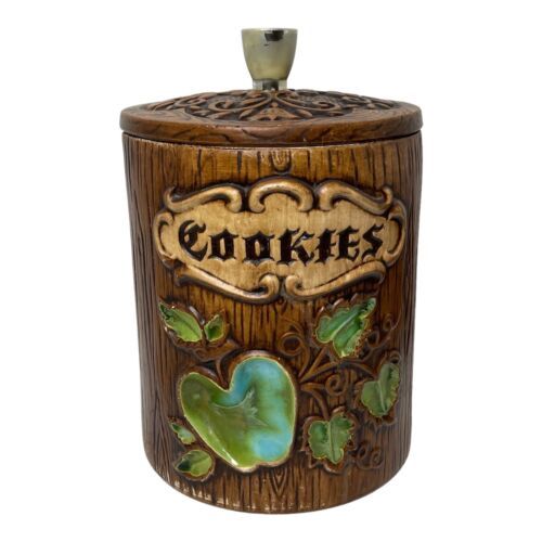 Vintage Treasure Craft Cookie Jar Faux Wood Grain Green Blue Apple Fruit Rustic - $33.66