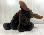 Alaska 14&quot; brown plush moose beanbag red ribbon bow reindeer stuffed toy - £12.25 GBP