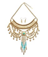 Stunning Turquoise and Gold-Tone Statement Fashion Necklace and Earring Set - $35.27