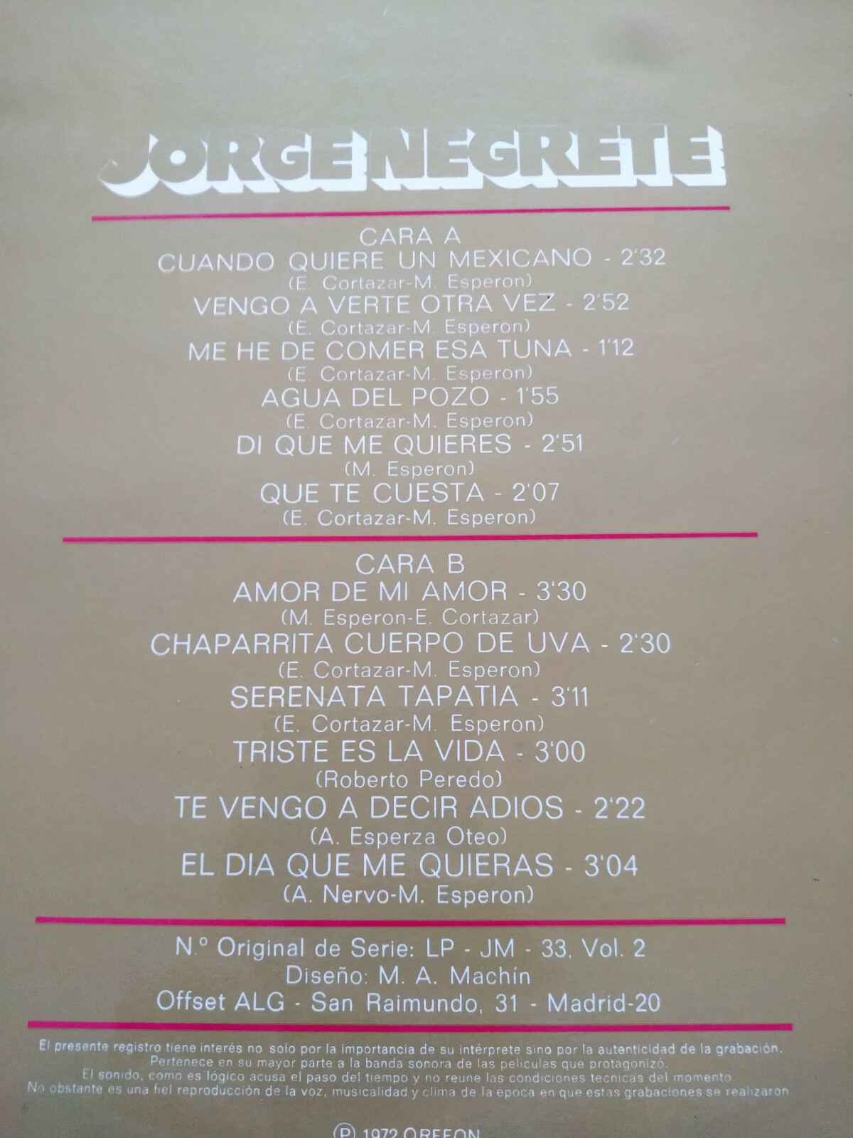 Jorge Negrete el Charro Immortal Vol 2 Société Chorale 1972 - LP vinile 12 " Item image 4