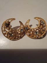 Vintage Earrings Crescent Gold Tone Rhinestone Stud - $20.82