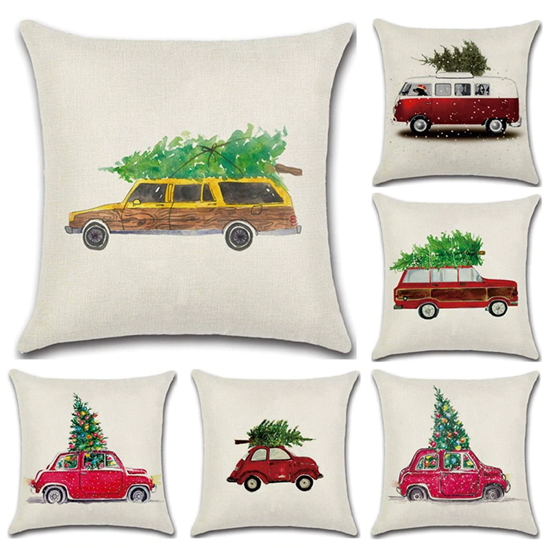 Christmas Tree Linen Pillowcase Christmas pillow Cartoon Car Christmas D... - $3.34