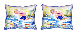 Pair of Betsy Drake Boy &amp; Fish Large Indoor Outdoor Pillows 12 X 12 - £55.26 GBP