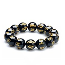 Natural Black Obsidian Six-Word Mantra Feng Shui Beads Charms Bracelet Single Ci - £25.77 GBP