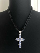 Blue &amp; White Faux Stone Silver Tone Cross On Black Cord Necklace - £7.90 GBP