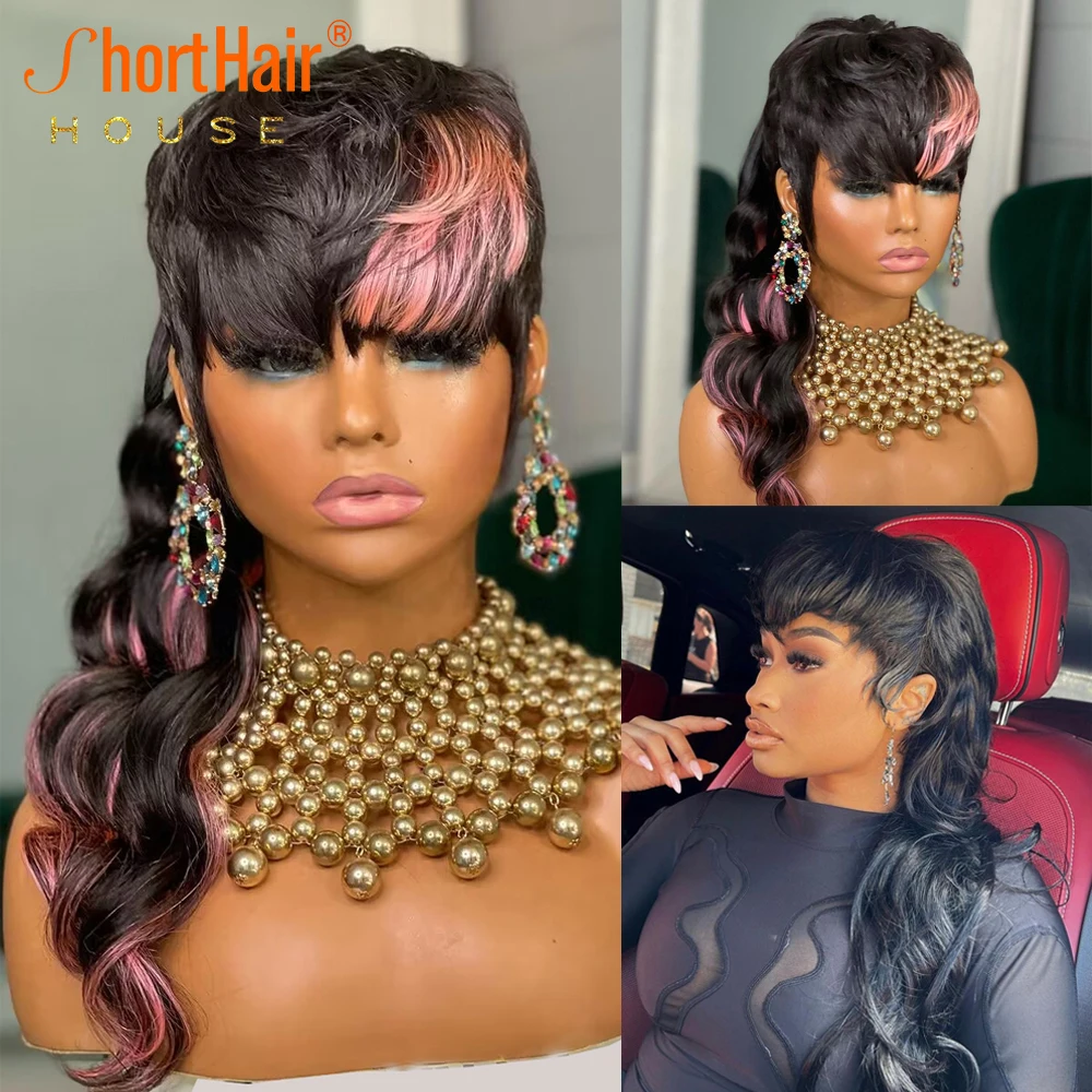 Highlight Pink Color Pixie Cut Wavy Wigs Mullet Human Hair Wigs With Full Ban - £55.76 GBP+