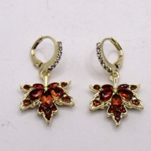 Hoop Pierced Earrings Maple Leaf Gold Tone Amber Clear Rhinestones Jewelry  - $9.77