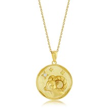 Sterling Silver &#39;ARIES&#39; CZ Zodiac Circle Pendant w/Chain - Gold Plated - £56.36 GBP