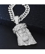 Large Heavy Silver Jesus Head Iced CZ Bling Pendant + 18&quot; Cuban Chain Ne... - €16,51 EUR