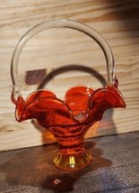 Viking Glass Basket Persimmon Orange Candy Dish Footed Basket Ruffled 10&quot; Glows - £11.25 GBP
